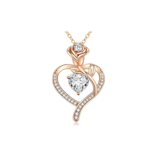 Sterling Silver Heart Pendant Necklace with Rose Design and Birthstone