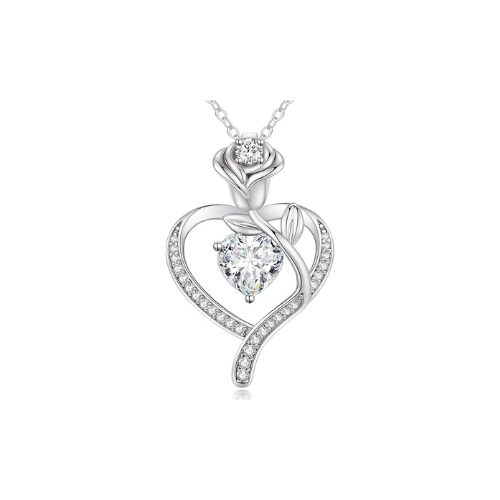 Sterling Silver Heart Pendant Necklace with Rose Design and Birthstone