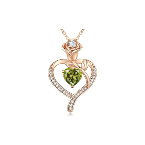 Sterling Silver Heart Pendant Necklace with Rose Design and Birthstone