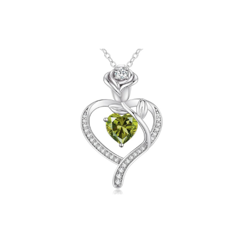 Sterling Silver Heart Pendant Necklace with Rose Design and Birthstone