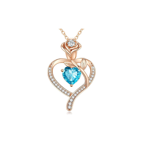 Sterling Silver Heart Pendant Necklace with Rose Design and Birthstone