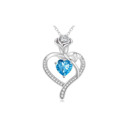 Sterling Silver Heart Pendant Necklace with Rose Design and Birthstone