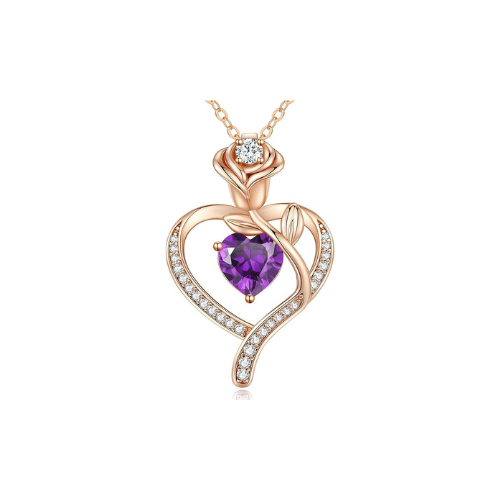 Sterling Silver Heart Pendant Necklace with Rose Design and Birthstone