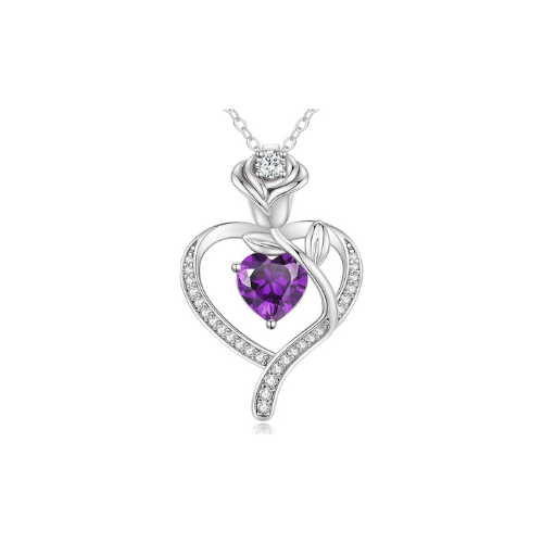 Sterling Silver Heart Pendant Necklace with Rose Design and Birthstone