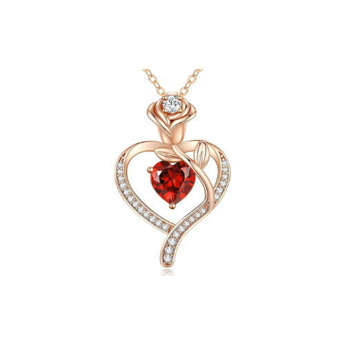 Sterling Silver Heart Pendant Necklace with Rose Design and Birthstone
