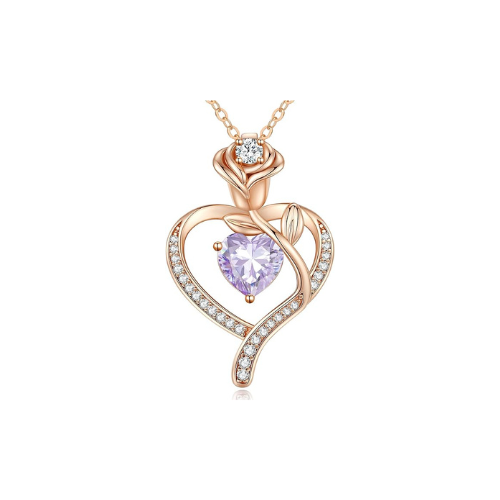 Sterling Silver Heart Pendant Necklace with Rose Design and Birthstone