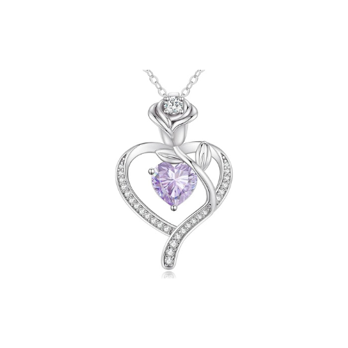 Sterling Silver Heart Pendant Necklace with Rose Design and Birthstone