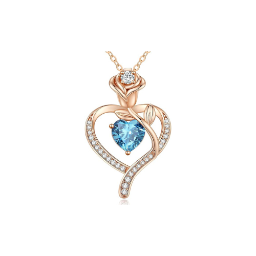 Sterling Silver Heart Pendant Necklace with Rose Design and Birthstone