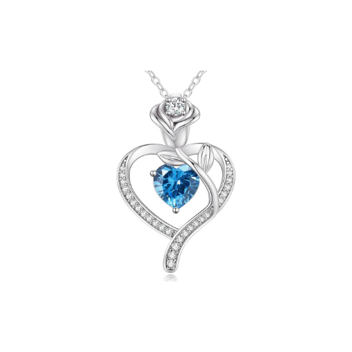 Sterling Silver Heart Pendant Necklace with Rose Design and Birthstone