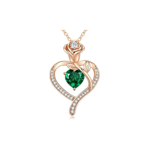 Sterling Silver Heart Pendant Necklace with Rose Design and Birthstone