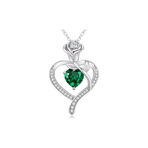 Sterling Silver Heart Pendant Necklace with Rose Design and Birthstone