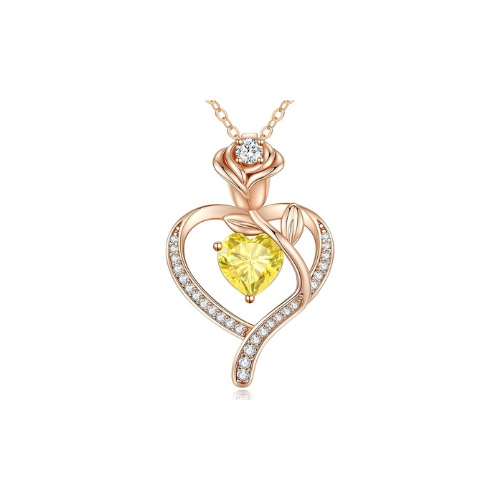 Sterling Silver Heart Pendant Necklace with Rose Design and Birthstone