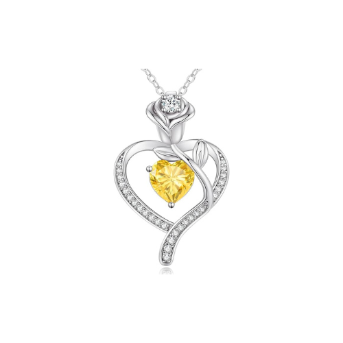 Sterling Silver Heart Pendant Necklace with Rose Design and Birthstone