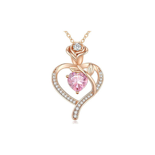 Sterling Silver Heart Pendant Necklace with Rose Design and Birthstone