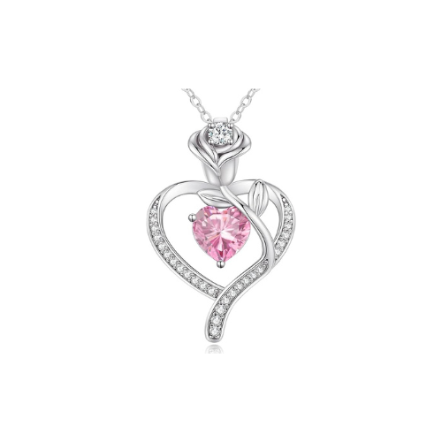 Sterling Silver Heart Pendant Necklace with Rose Design and Birthstone