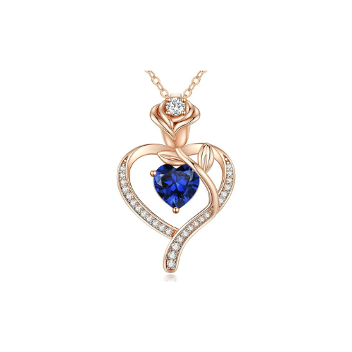 Sterling Silver Heart Pendant Necklace with Rose Design and Birthstone
