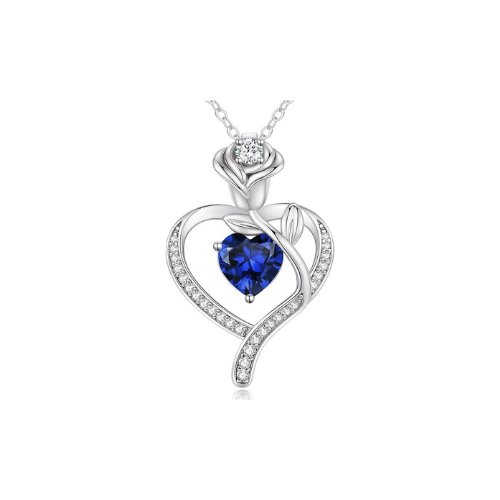 Sterling Silver Heart Pendant Necklace with Rose Design and Birthstone