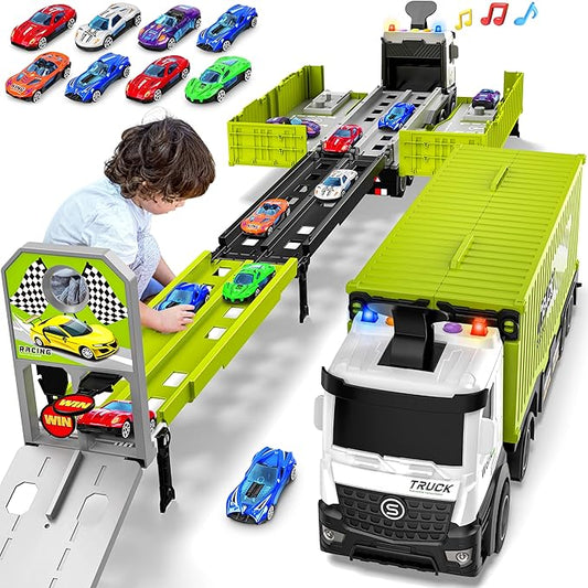 3-in-1 Transforming Carrier Truck Toy with Race Tracks & Die-Cast Cars