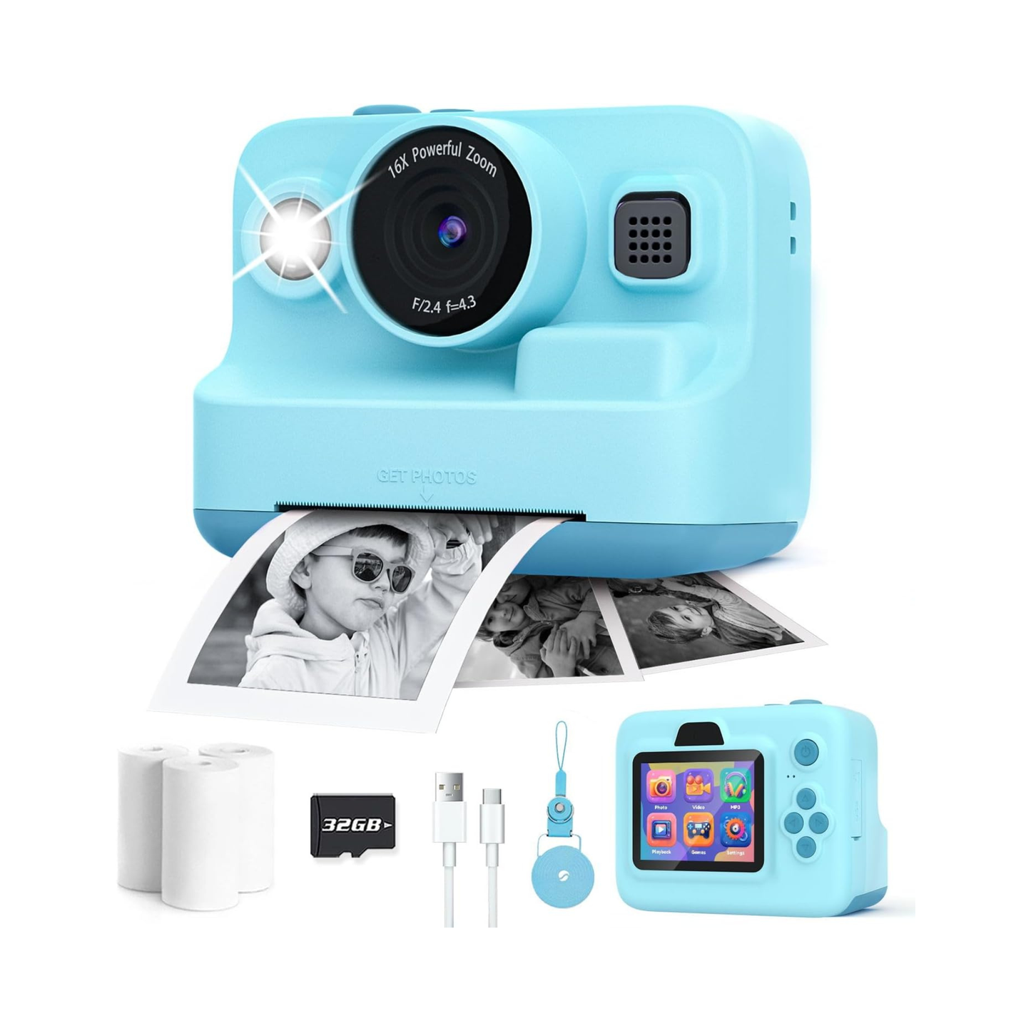 Kids Instant Camera with Printing, 1080P Video, 32GB Memory, Games & Music