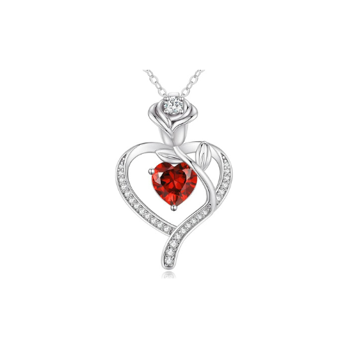 Sterling Silver Heart Pendant Necklace with Rose Design and Birthstone