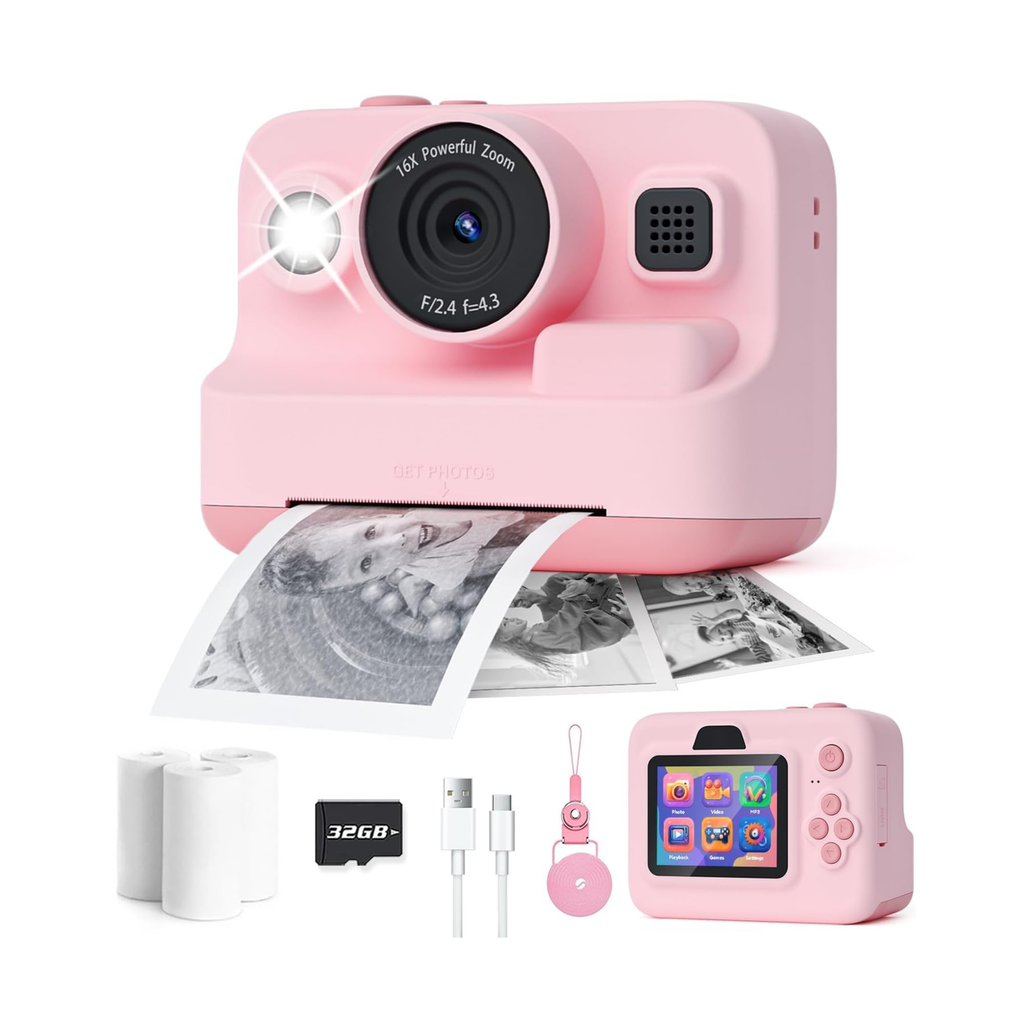 Kids Instant Camera with Printing, 1080P Video, 32GB Memory, Games & Music