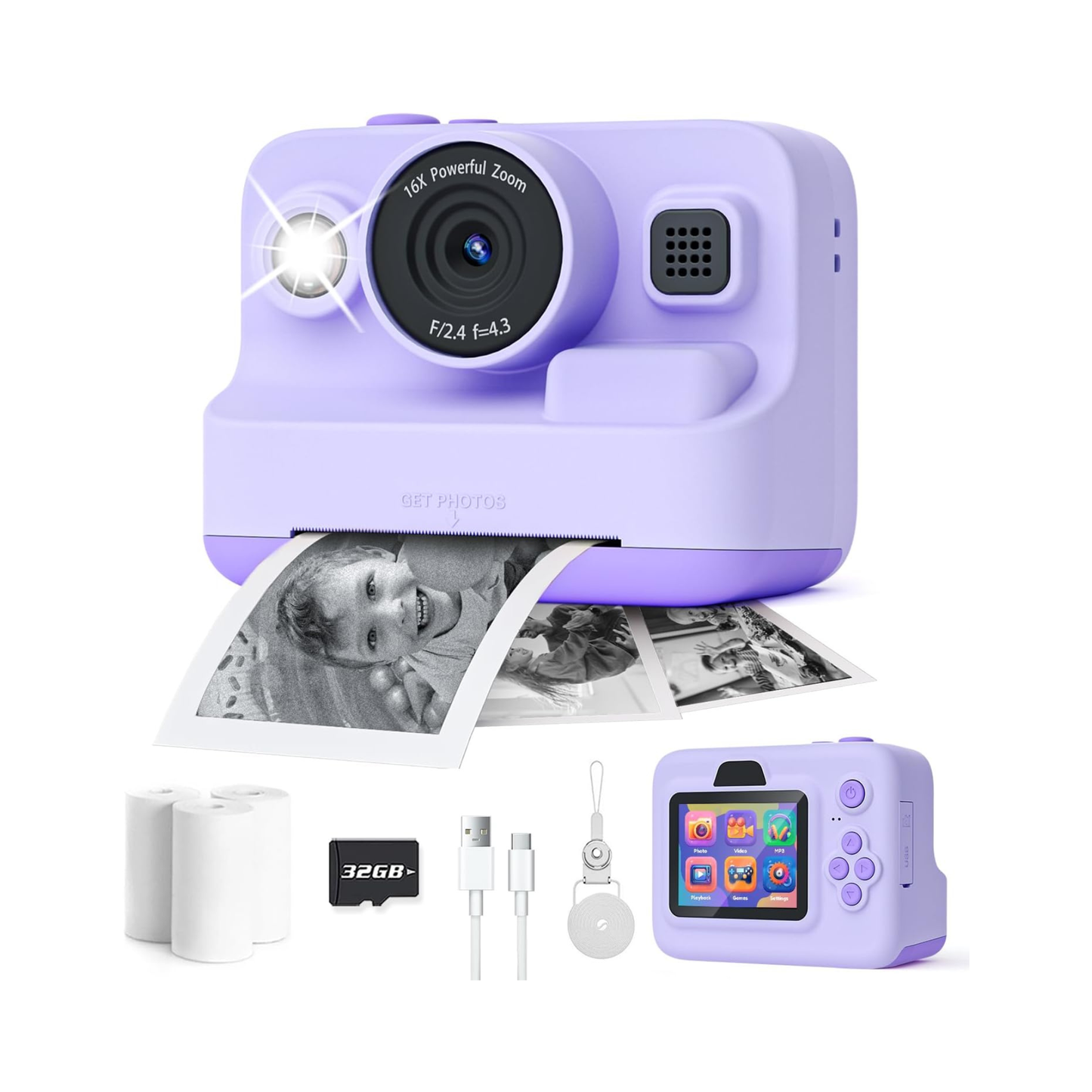 Kids Instant Camera with Printing, 1080P Video, 32GB Memory, Games & Music