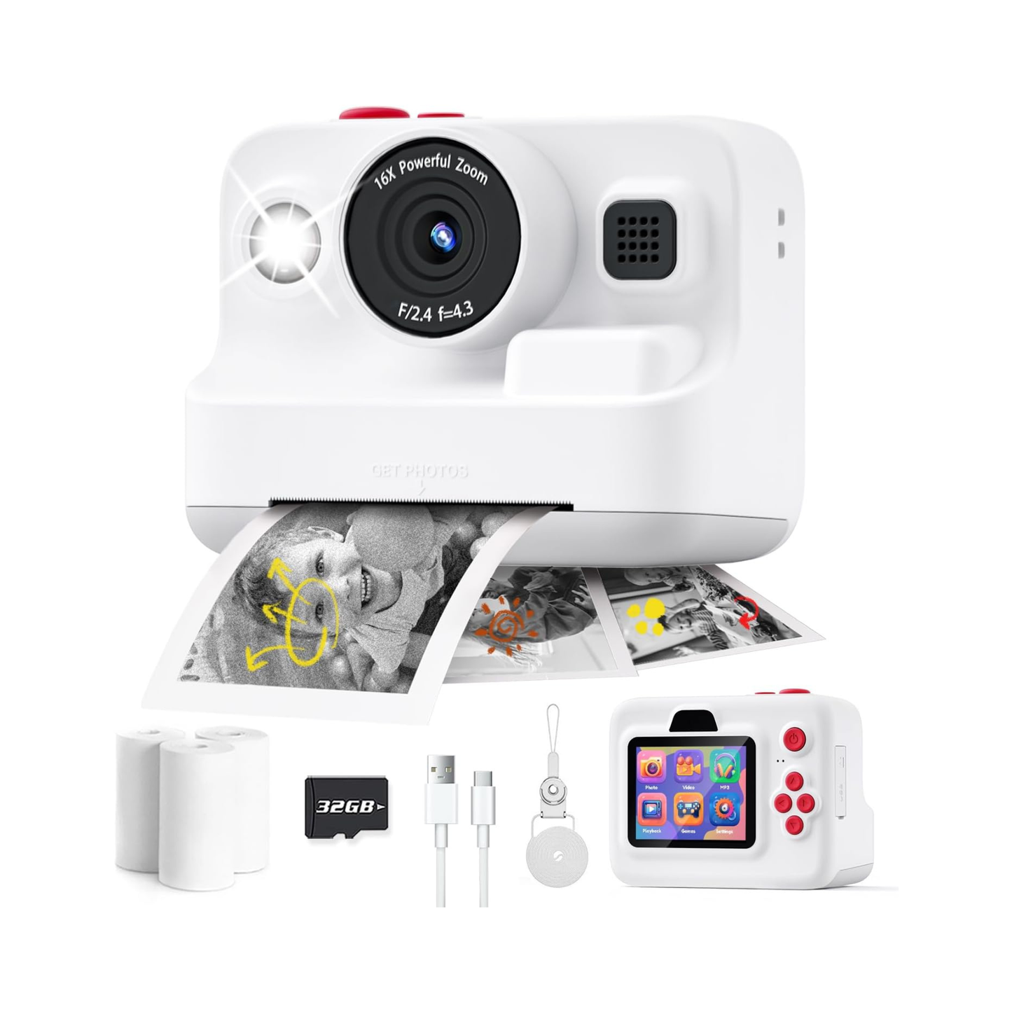Kids Instant Camera with Printing, 1080P Video, 32GB Memory, Games & Music